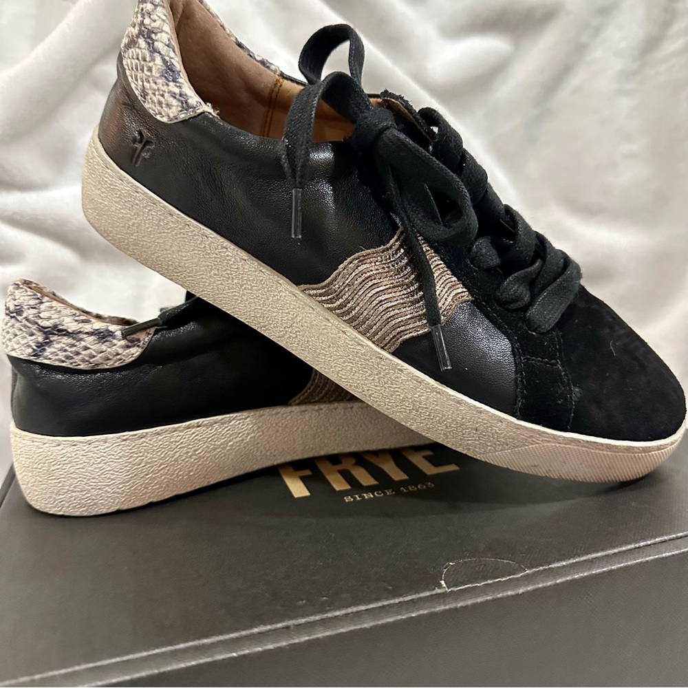Frye Women's Webster Low Top Sneakers Black Leather Snakeskin & Rose Gold Trim